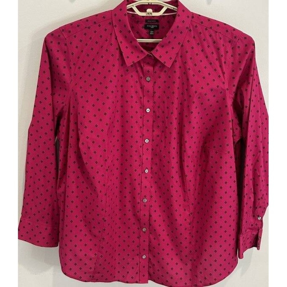 Talbots Woman Pink Black Print Long Sleeve Button Up Shirt Wrinkle Resistant 22W